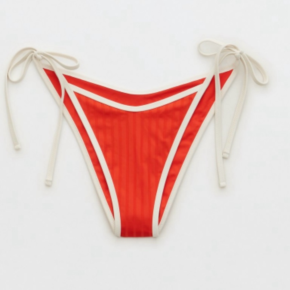 Aerie Red & White Wide Rib Low Rise Tie Cheekiest Bikini Bottom
